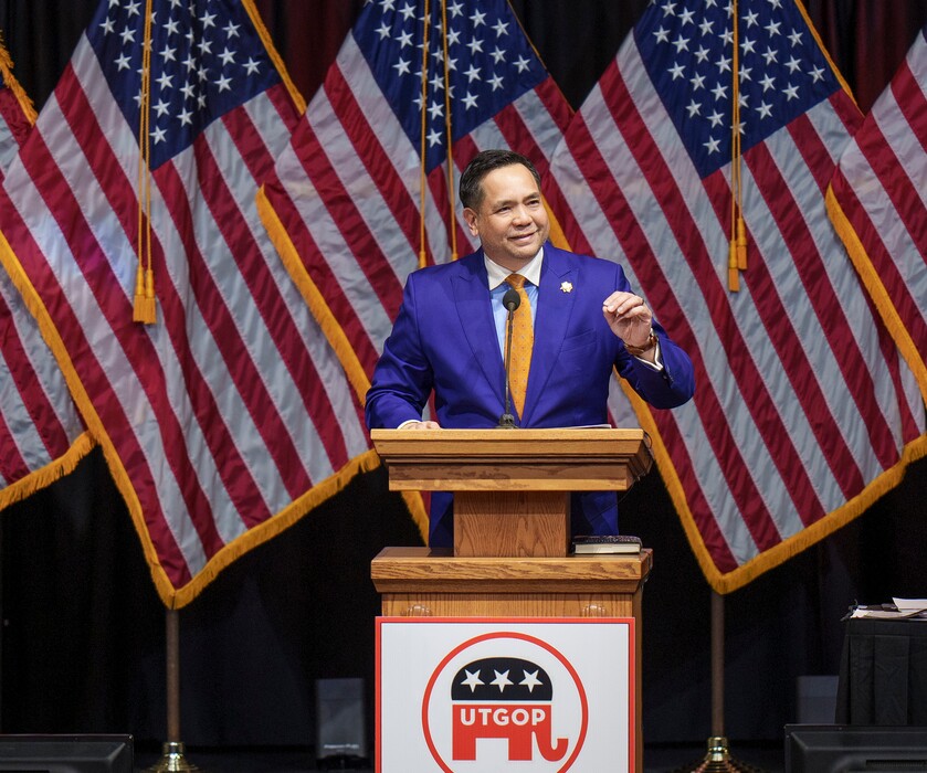 (Leah Hogsten | The Salt Lake Tribune) Utah Attorney General Sean Reyes addresses delegates at the Utah Republican Party 2023 Organizing Convention at Utah Valley University's UCCU Center on Saturday, April 22, 2023.