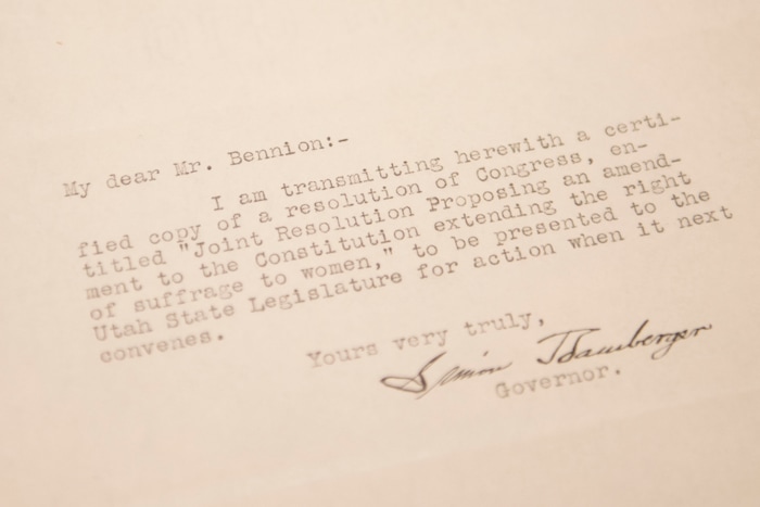 (Jeremy Harmon | The Salt Lake Tribune) Documents associated with the passage of the 19th Amendment in Utah were on display at the Utah State Capitol on October 15, 2019.