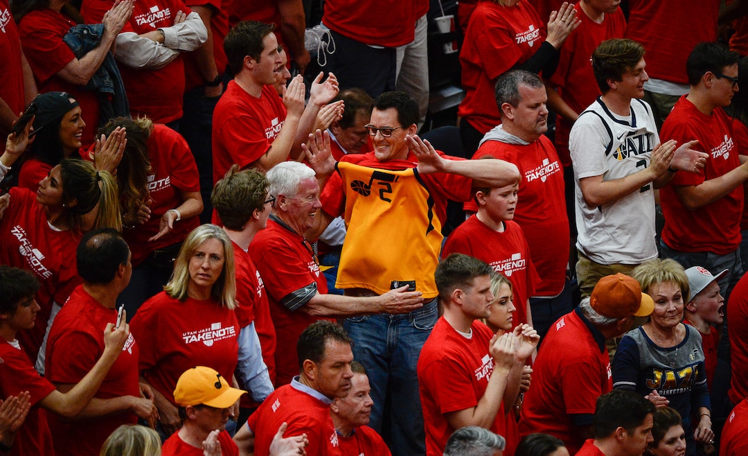 (Francisco Kjolseth  |  The Salt Lake Tribune)  Jazz fans cheer on their team against the Rockets in Game 3 of a first-round NBA basketball playoff series in Salt Lake City, Saturday, April 20, 2019.