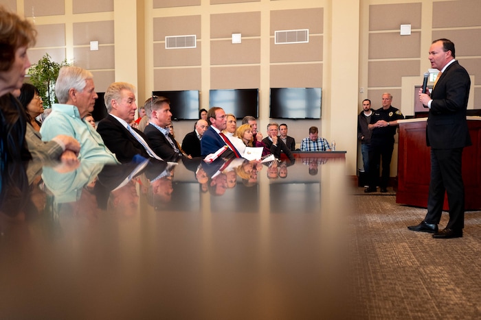 (Trent Nelson  |  The Salt Lake Tribune) Sen. Mike Lee answers questions at a town hall in Draper on Wednesday, Feb. 19, 2020.