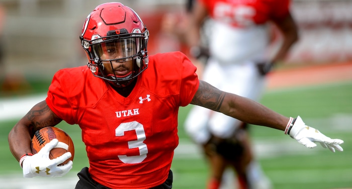 (Steve Griffin  |  The Salt Lake Tribune) Utah wide receiver Damari Simpkins heads up field after making a catch during the University of Utah football team's first scrimmage at Rice-Eccles Stadium in Salt Lake City Friday March 30, 2018.