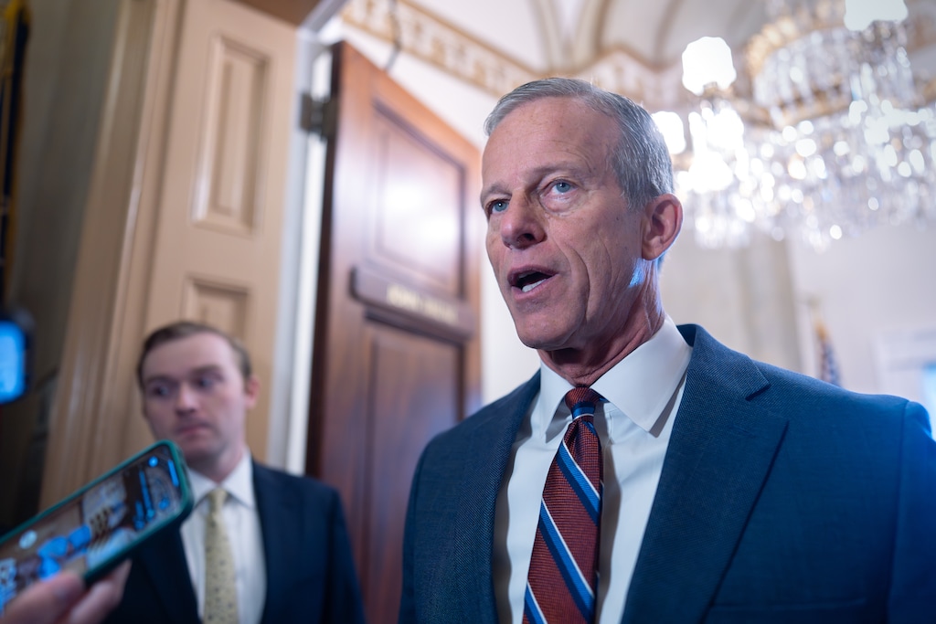 (AP Photo/J. Scott Applewhite) U.S. Senate Majority Leader John Thune, R-S.D., speaks to reporters as he arrives at the Capitol in Washington, Monday, Nov. 10, 2025. 