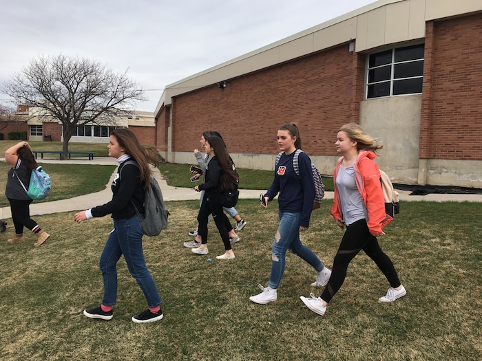 (Scott Sommerdorf  |  The Salt Lake Tribune) Students at Brighton High School in Cottonwood Heights start to gather to participate in a nationwide demonstration for better gun safety laws on March 14, 2018.