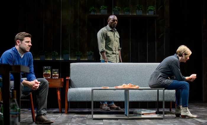 (Steve Griffin  |  The Salt Lake Tribune)  Brian Vaughn, as Brad, Corey Jones as Tate, and Tessa Auberjonois, as Jodie, during the last preview rehearsal of Neil LaBute's "How to Fight Loneliness," making its world premiere at the Utah Shakespeare Festival's Anes Theater on the SUU campus in Cedar City.