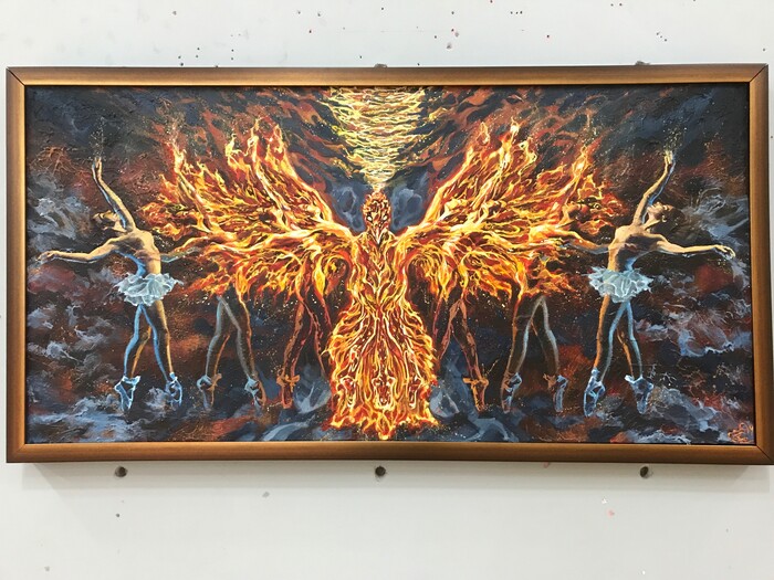 (Photo by Julie Hirschi) Emma Goldgar's winning painting, "Burn In," from the November 2019 Connect art event at the Urban Arts Gallery in The Gateway.