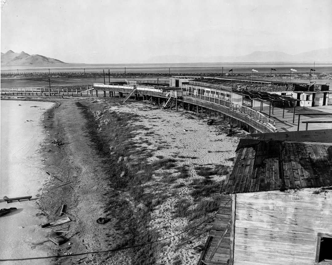 (Utah State Historical Society) A photograph of Saltair II and its receding water in the 1960s, after the resort was closed permanently in 1958. The resort burned to the ground in November 1970 after it was set ablaze by an arsonist.