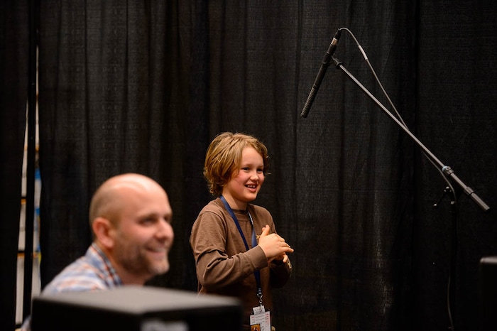 (Trent Nelson | The Salt Lake Tribune)  Gavin Chard, center, prepares to perform for audio engineer Owen Peterson of SHATTERboom Studios during a sound effects workshop at the Tumbleweeds Film Festival at The Leonardo Museum in Salt Lake City, Saturday March 3, 2018.