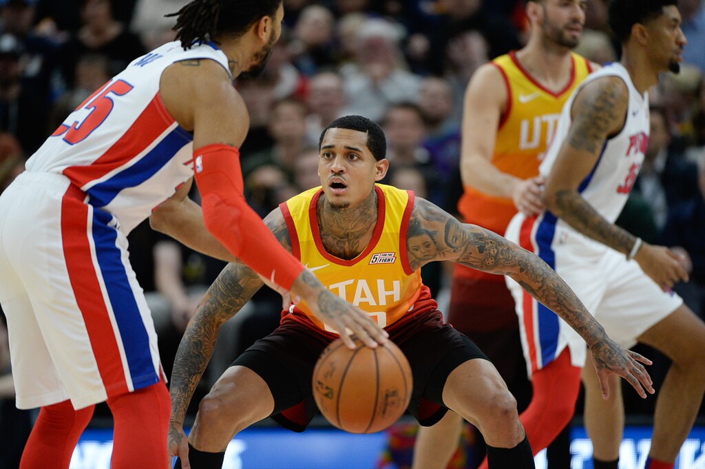 (Francisco Kjolseth  |  The Salt Lake Tribune) Utah Jazz guard Jordan Clarkson (00) keeps the pressure on as the Utah Jazz host the Detroit Pistons in their NBA basketball game at Vivint Smart Home Arena in Salt Lake City on Monday, Dec. 30, 2019.
