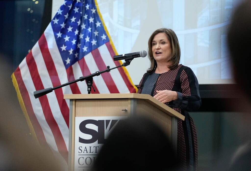 (Francisco Kjolseth | The Salt Lake Tribune) Salt Lake County Mayor Jenny Wilson gives her State of the County address in West Jordan on Monday, Jan. 23, 2023.