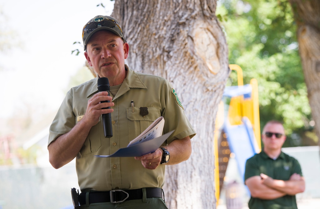 (Bethany Baker | The Salt Lake Tribune) U.S. Forest Service Chief Tom Schultz speaks during a media tour at the fire camp for the Widemouth 2 Fire in Kanosh on Thursday, Aug. 6, 2026. Schultz has previously said relocation of his agency's headquarters to Salt Lake City would only impact about 300 employees.
