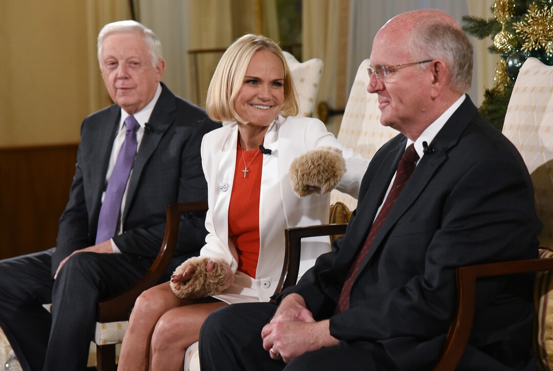 (Francisco Kjolseth  |  The Salt Lake Tribune)  Kristin Chenoweth, the guest artists and narrator at The Tabernacle Choir's annual Christmas concert this year jokes around with President of the choir Ron Jarrett, left, and music director Mack Wilberg during a press conference at the Relief Society Building on Wed. Dec. 12, 2018.