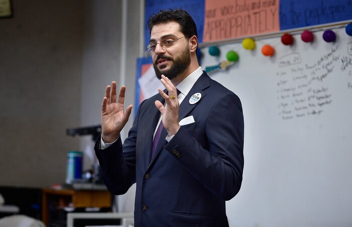 (Scott Sommerdorf | The Salt Lake Tribune)
Igor Limansky speaks in the Environmental Caucus at the Salt Lake County Democratic Convention where delegates pick their favorites for county/legislative races, Saturday, April 14, 2018.