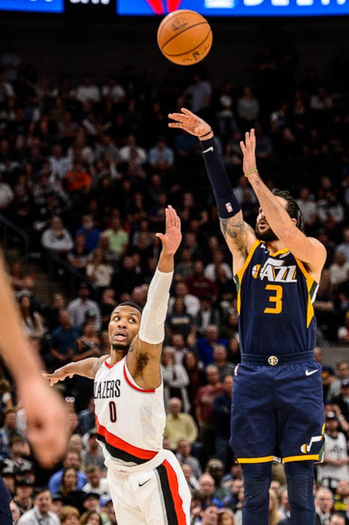 (Trent Nelson | The Salt Lake Tribune)  Utah Jazz guard Ricky Rubio (3) hits a shot with 31 seconds left in overtime as the Utah Jazz host the Portland Trail Blazers, NBA basketball in Salt Lake City, Wednesday November 1, 2017.