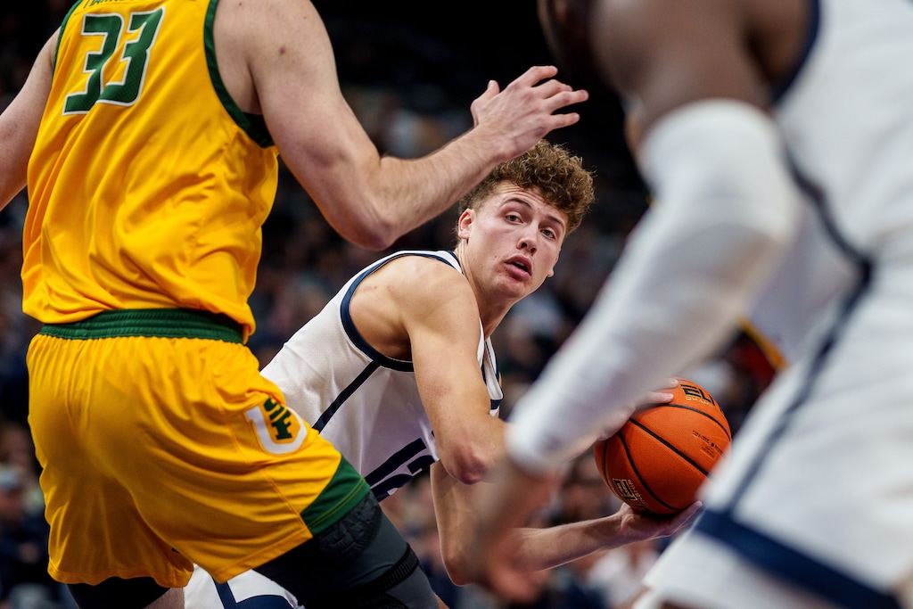 (Trent Nelson  |  The Salt Lake Tribune) Utah State Aggies guard Mason Falslev (12) as Utah State faces San Francisco in Salt Lake City on Saturday, Dec. 16, 2023.