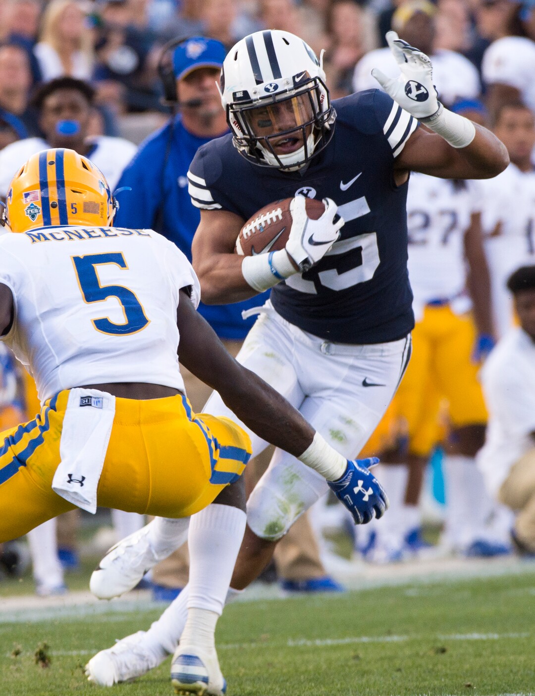 (Rick Egan  |  The Salt Lake Tribune)    Brigham Young Cougars wide receiver Aleva Hifo (15) tries to get by McNeese State Cowboys defensive back Jovon Burriss (5), in football action Brigham Young Cougars vs McNeese State Cowboys at Lavell Edwards Stadium, Saturday, Sept. 22, 2018.
