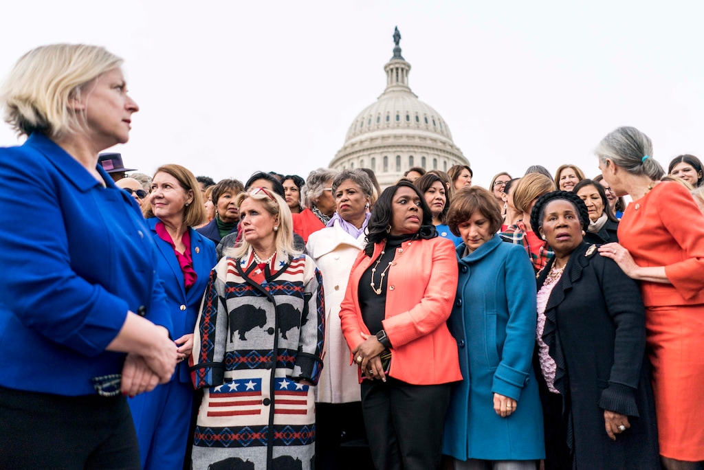(Melina Mara | The Washington Post) Congresswoman gather for a portrait in front of the Capitol on Friday, Jan. 4, 2019.