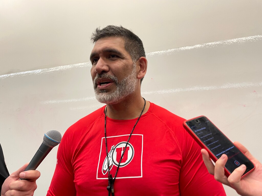 (Alex Vejar | The Salt Lake Tribune) University of Utah defensive tackles coach Luther Elliss talks to media on the second day of spring practices on Thursday, March 24, 2022.