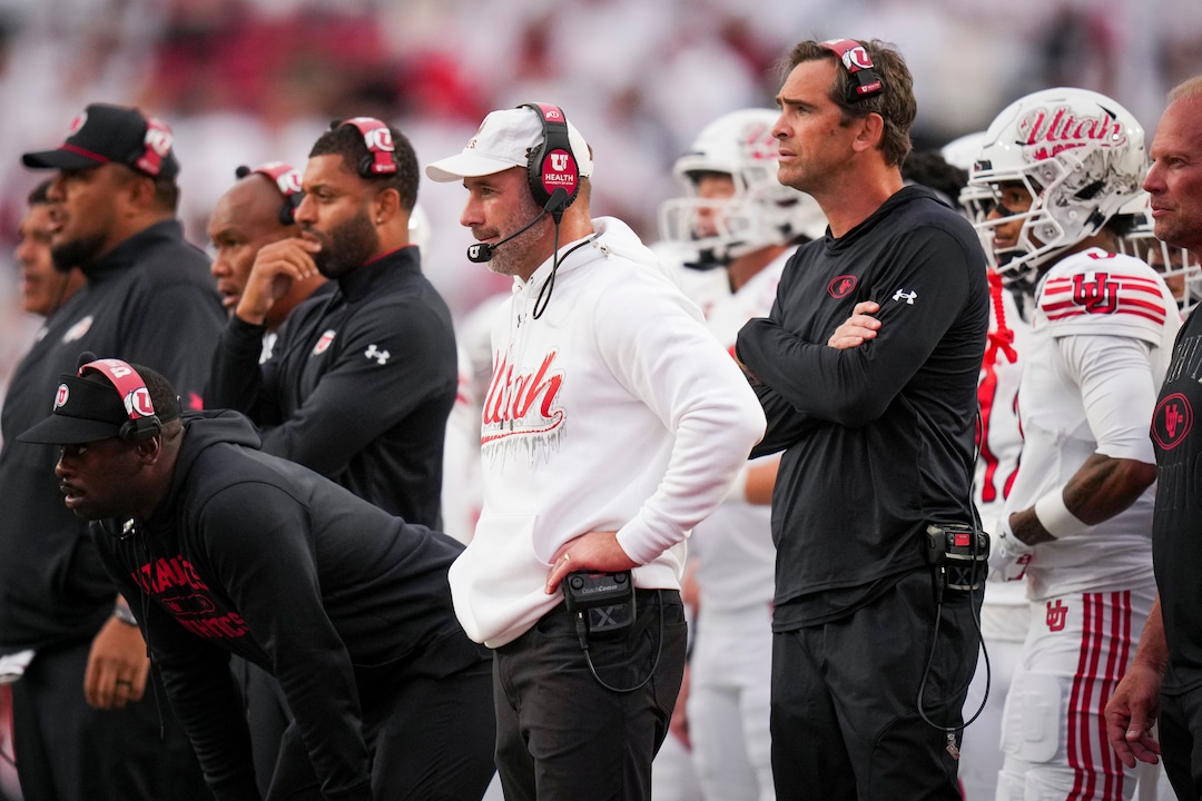 (Bethany Baker  |  The Salt Lake Tribune) Utah Utes head coach Morgan Scalley watches during the game between the Utah Utes and the Kansas Jayhawks at Rice-Eccles Stadium in Salt Lake City on Saturday, Oct. 10, 2026.