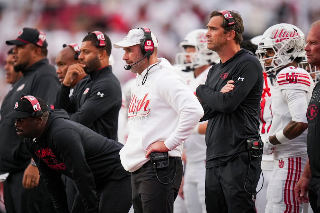 (Bethany Baker | The Salt Lake Tribune) Utah Utes head coach Morgan Scalley watches during the game between the Utah Utes and the Kansas Jayhawks at Rice-Eccles Stadium in Salt Lake City on Saturday, Oct. 10, 2026.