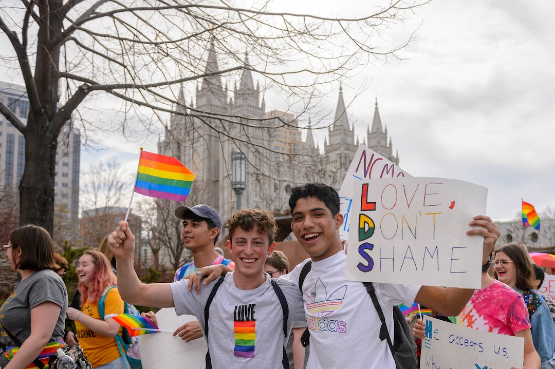 (Trent Nelson  |  The Salt Lake Tribune) A demonstration about BYU's changing position on “romantic behavior” by same-sex couples, in Salt Lake City on Friday, March 6, 2020.