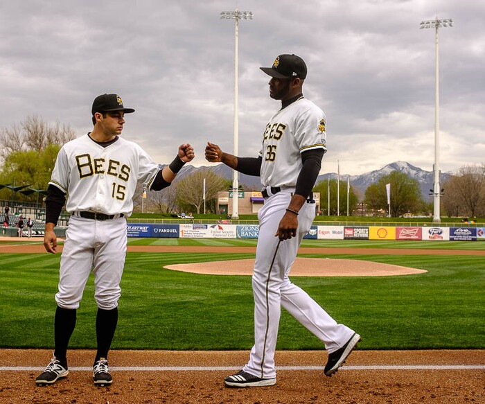 (Trent Nelson | The Salt Lake Tribune)  Salt Lake Bees vs. Albuquerque Isotopes, Triple-A baseball in Salt Lake City, Thursday April 5, 2018. Salt Lake's David Fletcher (15) and Jabari Blash (36).