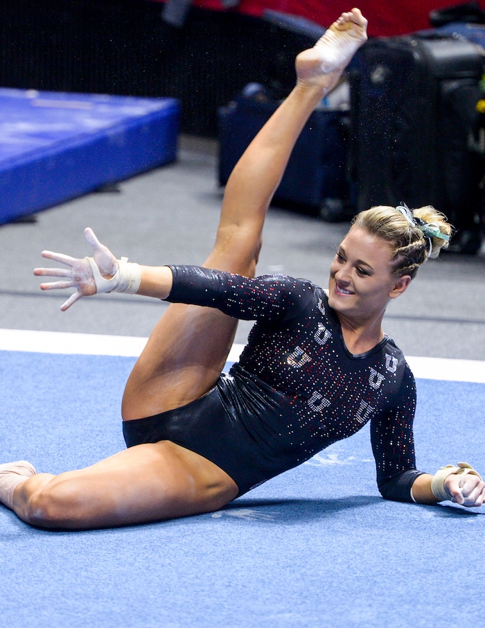 (Leah Hogsten  |  The Salt Lake Tribune)  Tiffani Lewis performs her floor routine. The fourth-ranked Utes compete against No. 9 California, No. 16 Auburn, No. 21 Brigham Young, Stanford and Southern Utah, during the the NCAA Regional Championships, Saturday, April 7, 2018 at the Huntsman Center. The top two teams advance to the NCAA Championships April 20-21 in St. Louis.Saturday, April 7, 2018, 