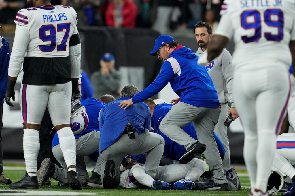 (Jeff Dean | AP) Buffalo Bills' Damar Hamlin is attended to after suffering a medical episode during the first half of an NFL football game against the Cincinnati Bengals, Monday, Jan. 2, 2023, in Cincinnati.