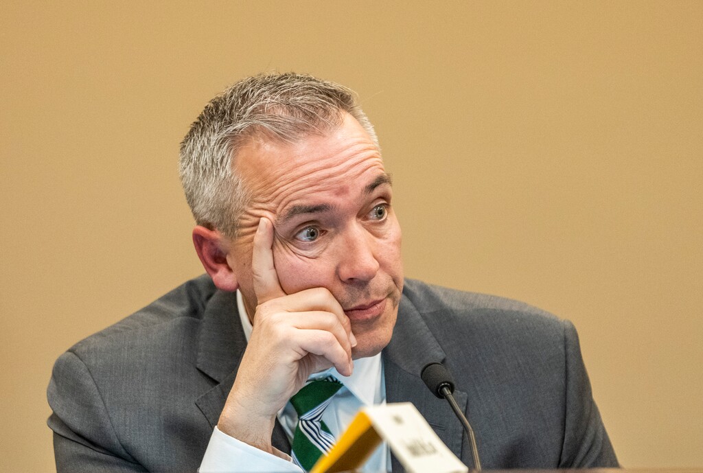 (Rick Egan | The Salt Lake Tribune)  Sen. Dan McCay, asks questions of a witness, during the Senate Business and Labor Committee discussion of SR1, which will limit media access to the Senate floor and committee rooms, on Wednesday, Feb. 9, 2022.