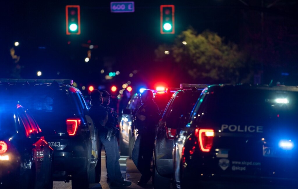 (Salt Lake City Police Department) Salt Lake City police officers on the scene of a homicide investigation early Friday, Oct. 13, 2023.