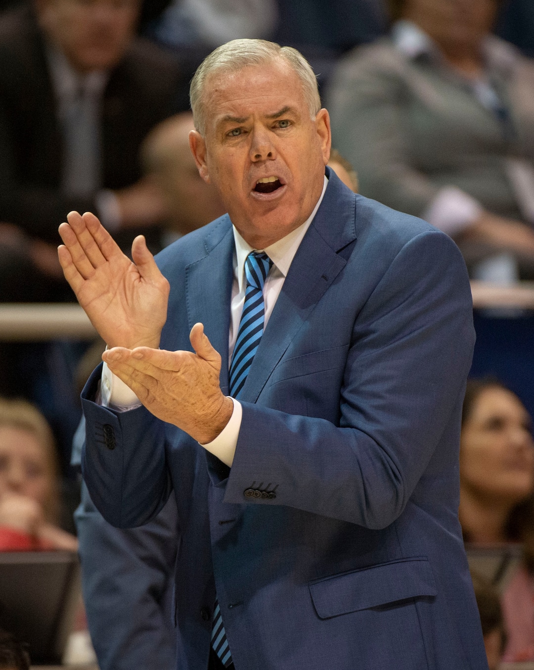 (Rick Egan  |  The Salt Lake Tribune)      Brigham Young Cougars head coach Dave Rose encourages his team, in WCC basketball action at the Marriott Center, Thursday, February 21, 2018.