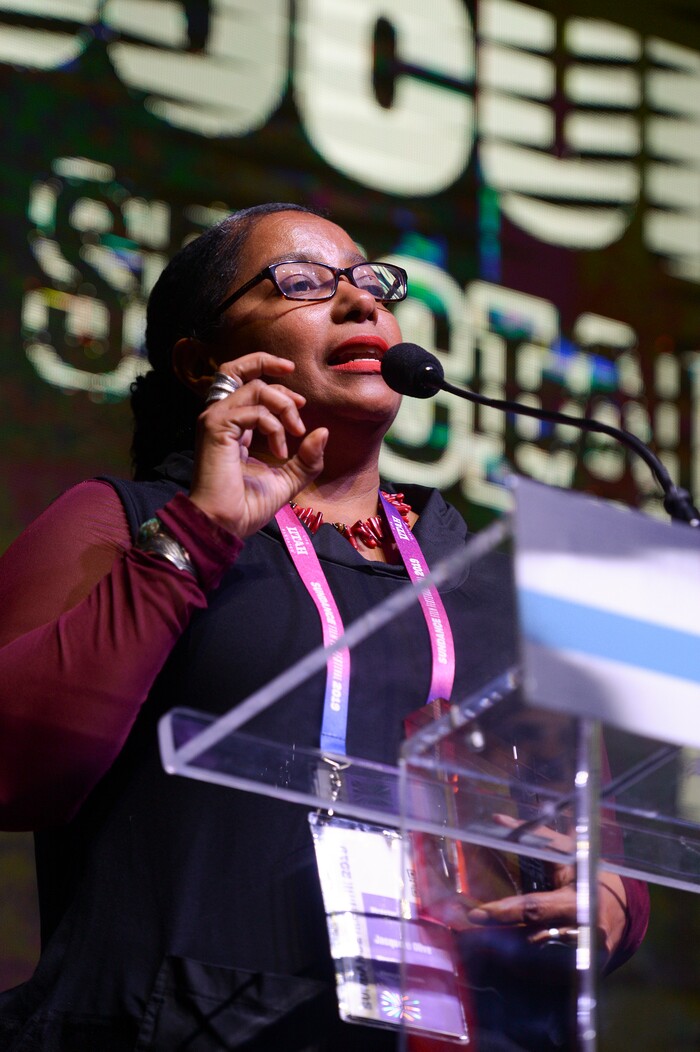 Leah Hogsten  |  The Salt Lake Tribune  Director Jacquelin Olive won the Sundance U.S. Documentary Special Jury Award: Moral Urgency for her film Always in Season,  during the awards ceremony for the 2019 Sundance Film Festival at the Basin Fieldhouse in Park City, Feb. 2, 2019. 