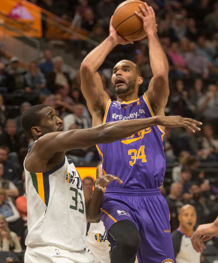 (Rick Egan  |  The Salt Lake Tribune) Sydney Kings guard Perry Ellis (34) goes up for a shot, as Utah Jazz forward Ekpe Udoh (33) defends, in preseason basketball Utah Jazz vs.Sydney Kings, in Salt Lake City, Sunday, October 2, 2017.


