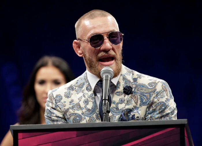 (AP Photo | Isaac Brekken) Conor McGregor speaks during a news conference after a super welterweight boxing match against Floyd Mayweather Jr., Sunday, Aug. 27, 2017, in Las Vegas.