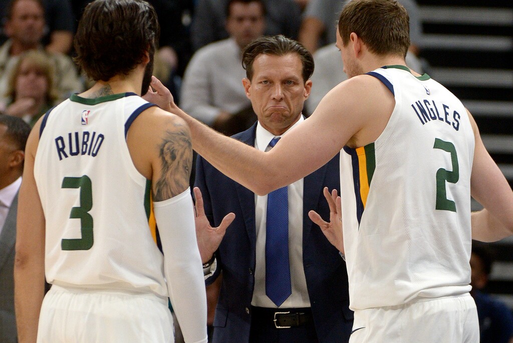 (Leah Hogsten  |  The Salt Lake Tribune)  Utah Jazz head coach Quin Snyder talks with Utah Jazz guard Ricky Rubio (3) and Utah Jazz forward Joe Ingles (2). The Utah Jazz defeated the Phoenix Suns 112-101 during preseason NBA basketball at Vivint Smart Home Arena in Salt Lake City, October 6, 2017.