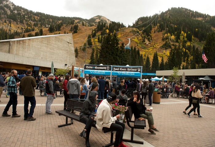 (Rick Egan  |  The Salt Lake Tribune)   Crowds gather on the terrace at for German food and beer, at the Oktoberfest celebration at Snowbird. Sunday, Sept. 30, 2018.