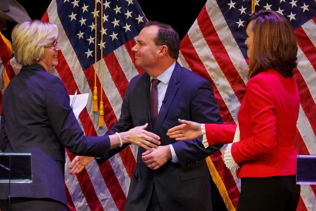(Trent Nelson  |  The Salt Lake Tribune) Becky Edwards, Sen. Mike Lee, and Ally Isom at the Republican Senate primary debate in Draper on Wednesday, June 1, 2022.