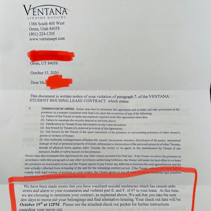 (Screenshot) A woman in Orem was sent this letter by her landlord on Tuesday, October 13, 2020.