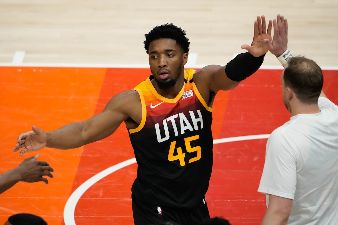 (Francisco Kjolseth | The Salt Lake Tribune) Utah Jazz guard Donovan Mitchell (45) celebrates with teammates in the second half of Game 5 of an NBA basketball first-round playoff series Wednesday, June 2, 2021, in Salt Lake City, UT.
