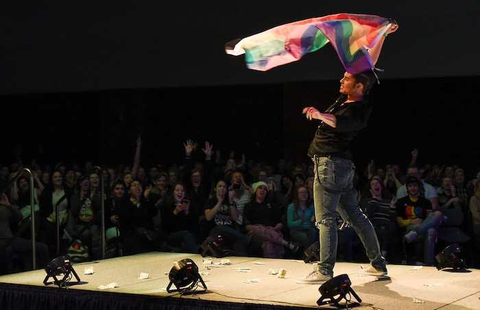 (Francisco Kjolseth  |  The Salt Lake Tribune)  Macey Keith as Marlone D. gets the crowd moving during a drag queen and king show at Utah State University.