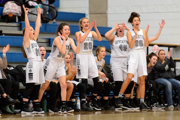 (Trent Nelson | The Salt Lake Tribune)  Riverton's bench celebrates a three-pointer by Jaydeene Burgess (12) as Riverton faces American Fork in the 6A High School Girls' Basketball Tournament at SLCC in Taylorsville, Tuesday Feb. 20, 2018.