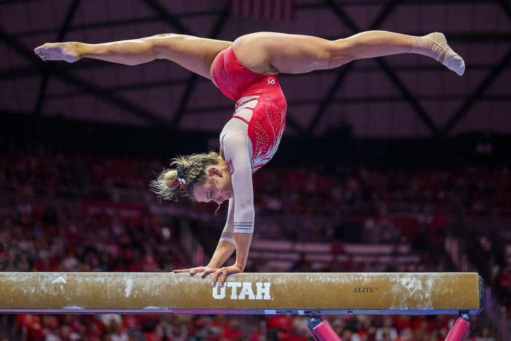 (Trent Nelson  |  The Salt Lake Tribune) Jaylene Gilstrap on beam (exhibition) as Utah hosts Washington, NCAA gymnastics in Salt Lake City on Saturday, Jan. 28, 2023.