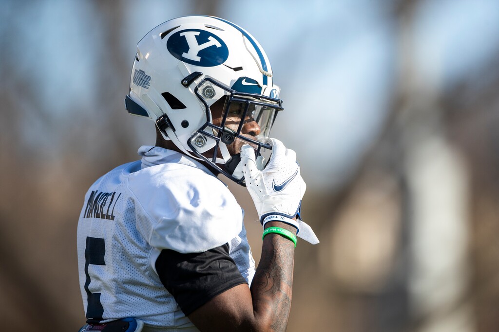 (Tyler Richardson | BYU) Defensive back D'Angelo Mandell participates in BYU spring football practice, Thursday, March 18, 2021.