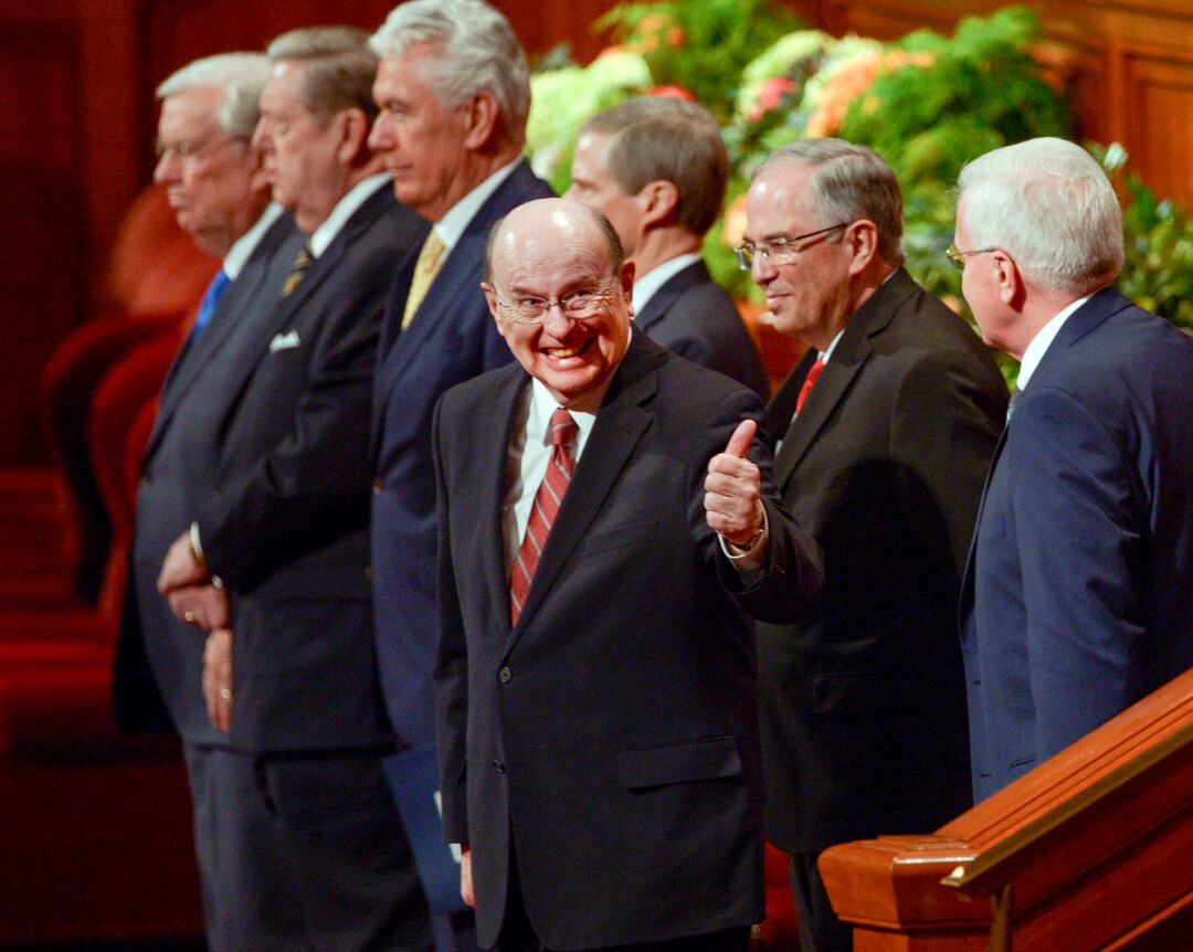 Leah Hogsten  |  The Salt Lake Tribune  Elder Quentin L. Cook gives someone a thumbs up at the close of the morning session of the 189th Annual General Conference of The Church of Jesus Christ of Latter-day Saints, April 6, 2019 in Salt Lake City. 