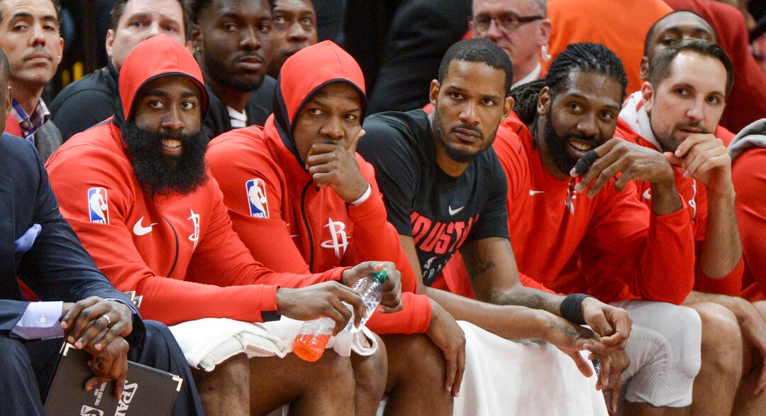 (Leah Hogsten  |  The Salt Lake Tribune)  The Rockets bench in the remaining minutes of the game.  The Houston Rockets defeated the Utah Jazz 113-92 in Game 3 of an NBA basketball second-round playoff series Friday, May 4, 2018 in Salt Lake City.