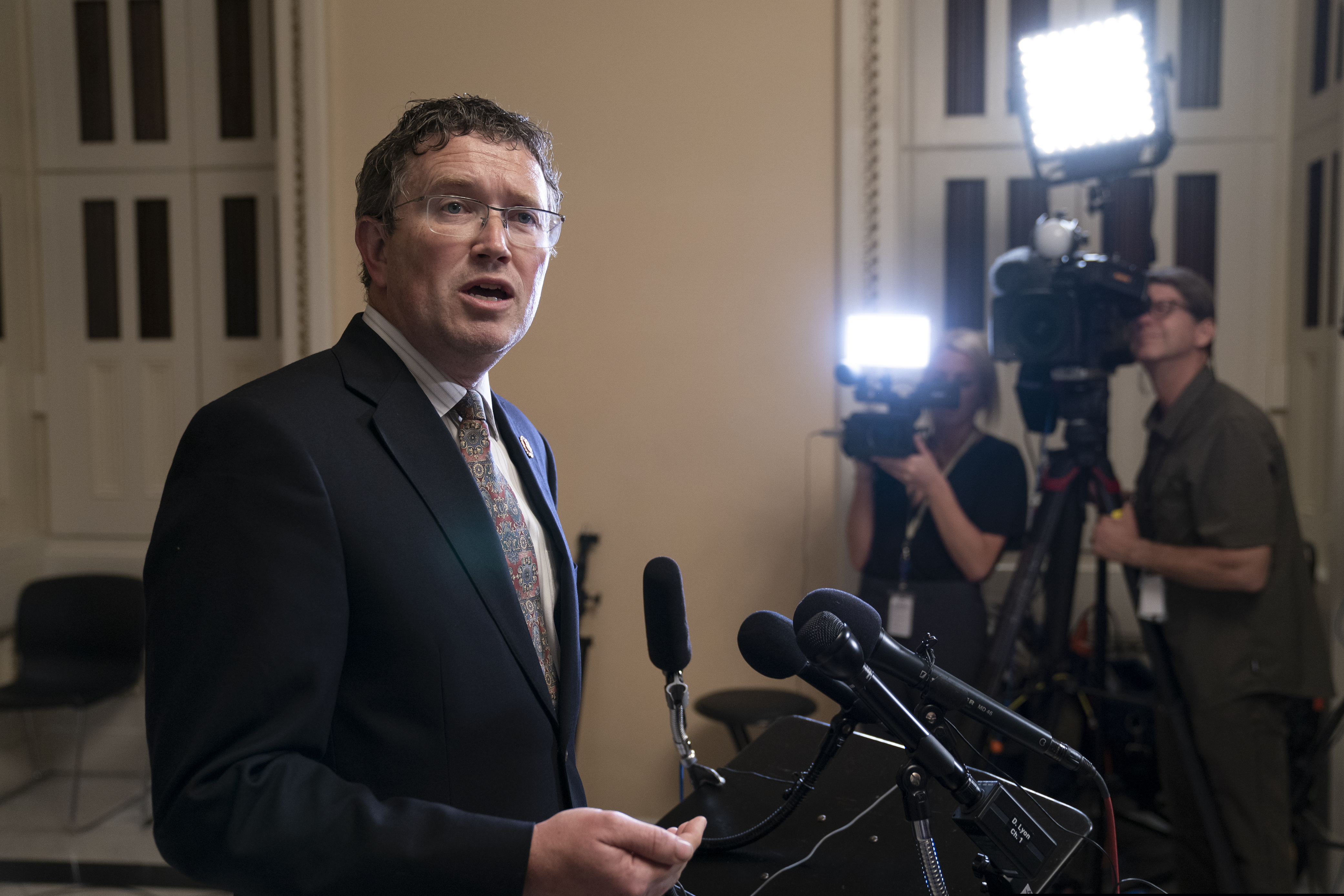 (J. Scott Applewhite | AP Photo) Rep. Thomas Massie, R-Ky., speaks to reporters at the Capitol after he blocked a unanimous consent vote on a long-awaited $19 billion disaster aid bill in the chamber on Tuesday, May 28, 2019.