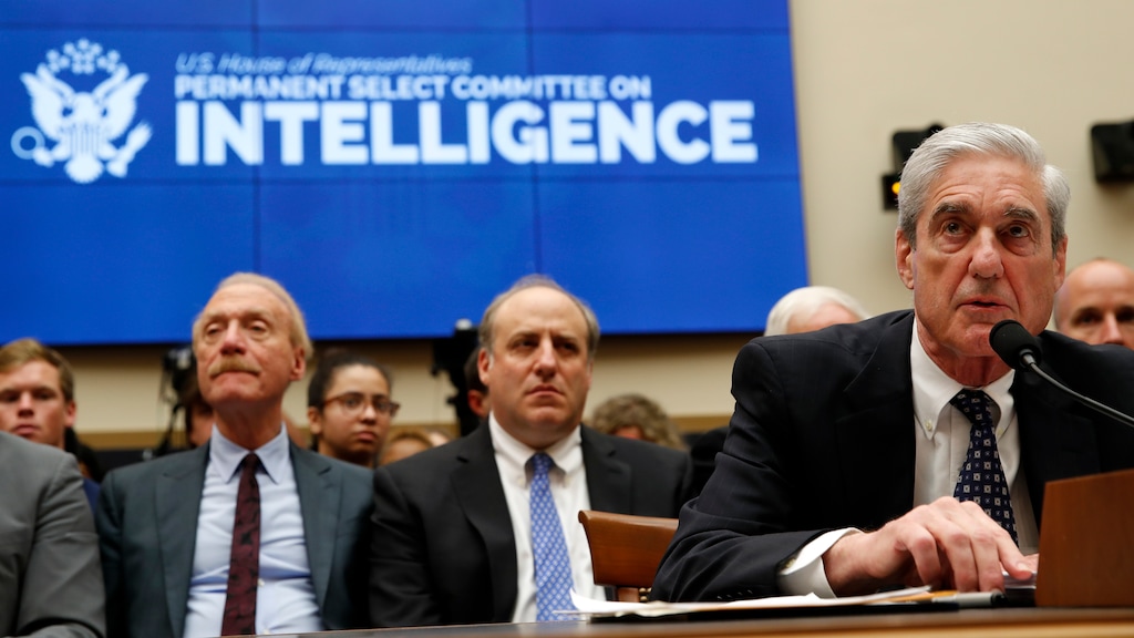 Former special counsel Robert Mueller testifies before the House Intelligence Committee hearing on his report on Russian election interference, on Capitol Hill, Wednesday, July 24, 2019 in Washington. (AP Photo/Alex Brandon)