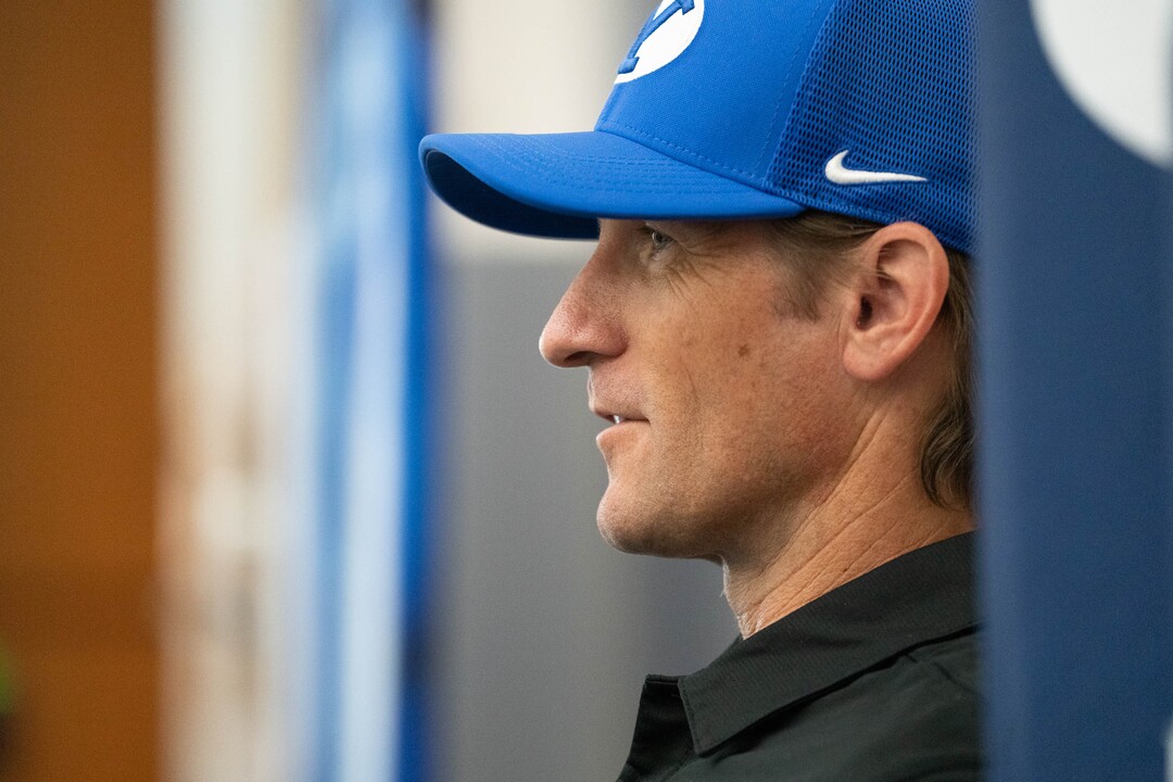 (Francisco Kjolseth | The Salt Lake Tribune) Aaron Roderick, offensive coordinator and quarterback coach joins coaches, players and staff participating in BYU football media day in the BYU Broadcasting Building in Provo on Thursday, June 17, 2021.