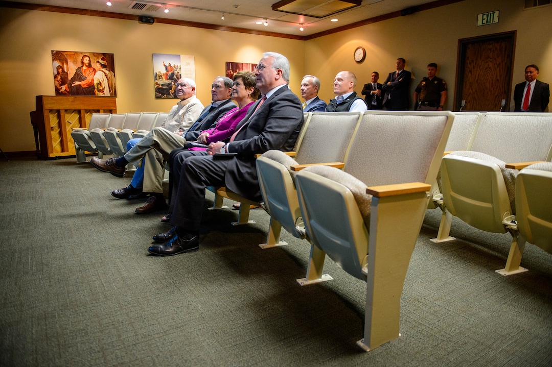 (Trent Nelson  |  The Salt Lake Tribune)  Agriculture Secretary Sonny Perdue on a tour of Welfare Square in Salt Lake City on Wednesday May 22, 2019. From left in front row, Perdue, Gov. Gary Herbert, Jeanette Herbert, and Elder Jack N. Gerard.