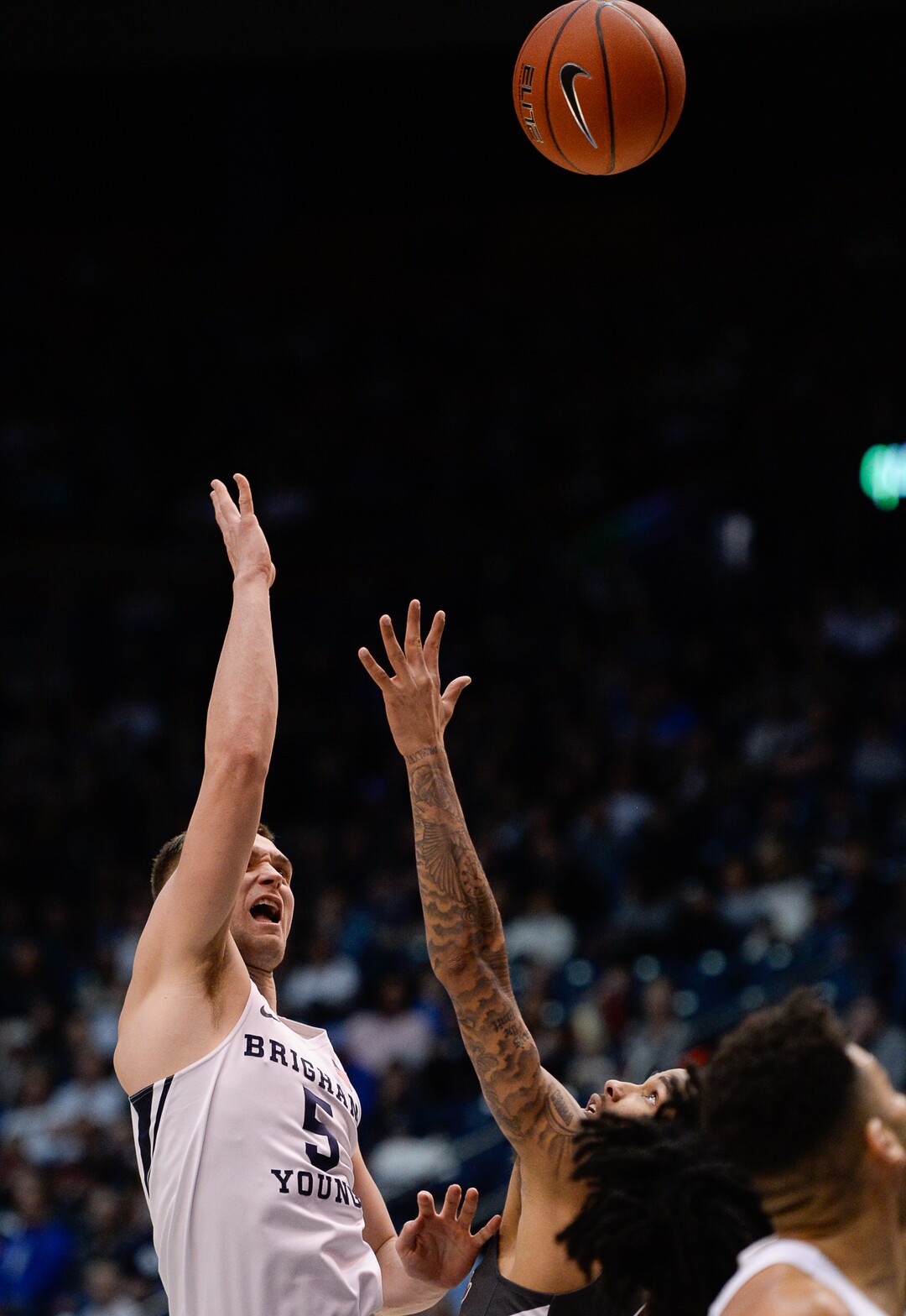 (Francisco Kjolseth  |  The Salt Lake Tribune) Brigham Young Cougars guard Jake Toolson (5) goes for the three pointer in the first half as the Brigham Young Cougars host the Santa Clara Broncos at the Marriott Center in Provo, Thursday, Feb. 20, 2020.