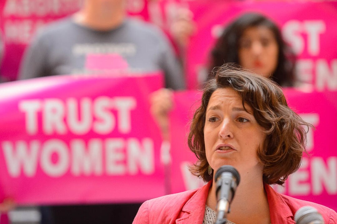 (Trent Nelson  |  The Salt Lake Tribune)  Leah Farrell, ACLU of Utah, at a news conference on Utah's pending 18-week abortion ban, at the Utah Capitol in Salt Lake City on Wednesday April 10, 2019.
